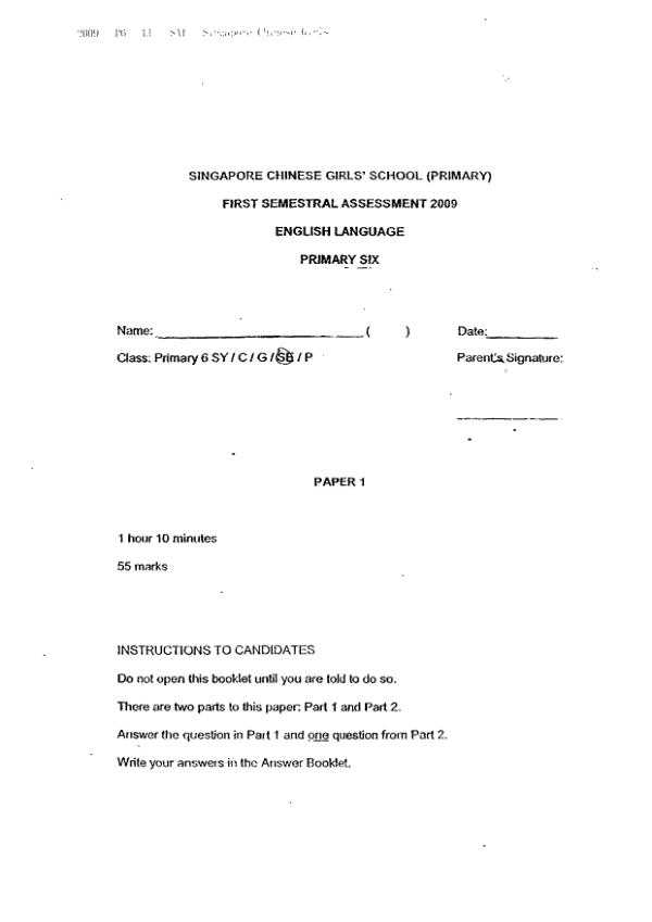 Singapore Chinese Girls P6 Eng WA2 2009 exam paper PDF first page preview