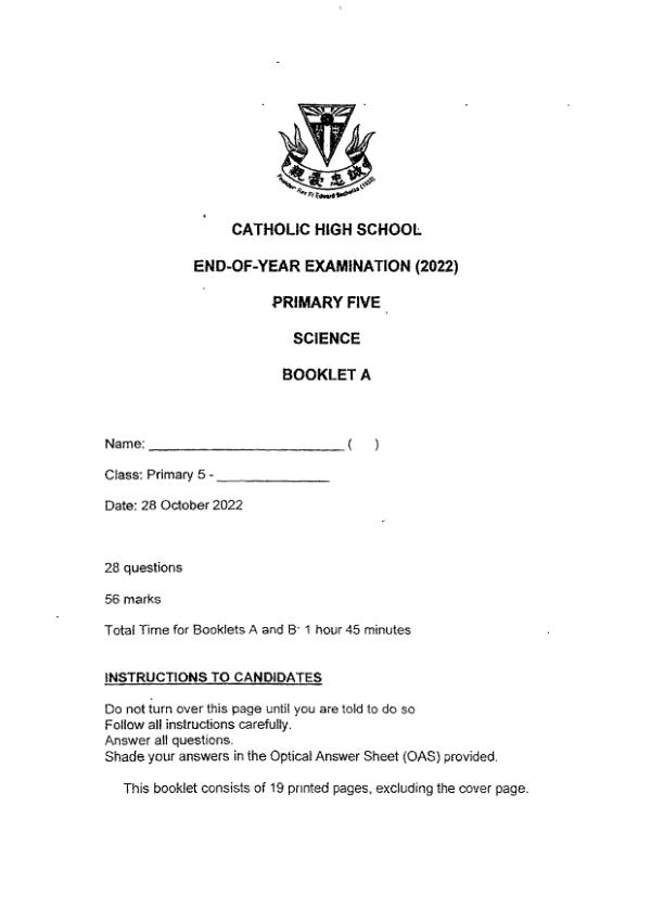 Catholic High P5 Sci SA2 2022 exam paper PDF preview