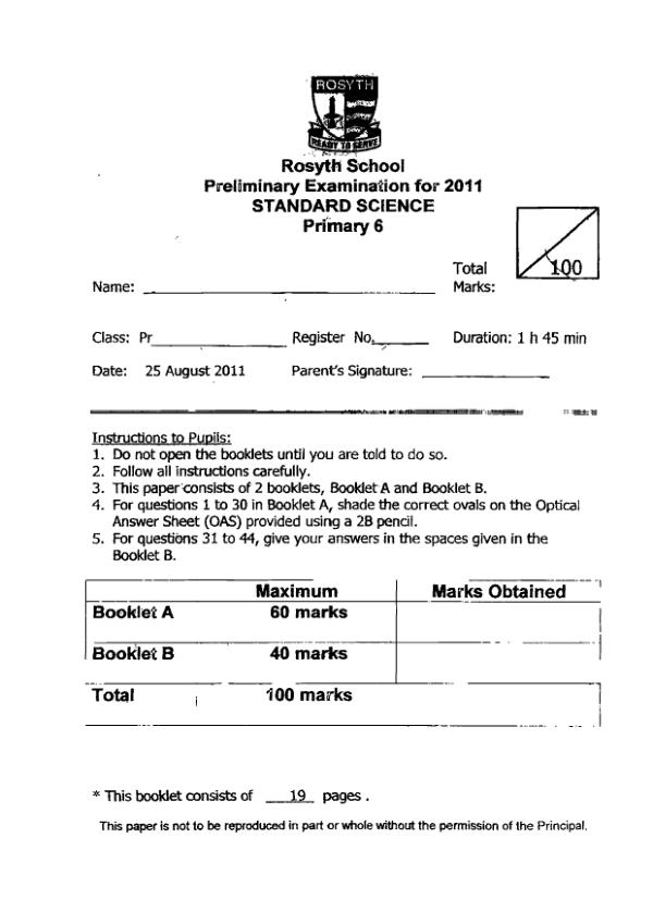 Rosyth P6 Sci SA2 2011 exam paper PDF preview