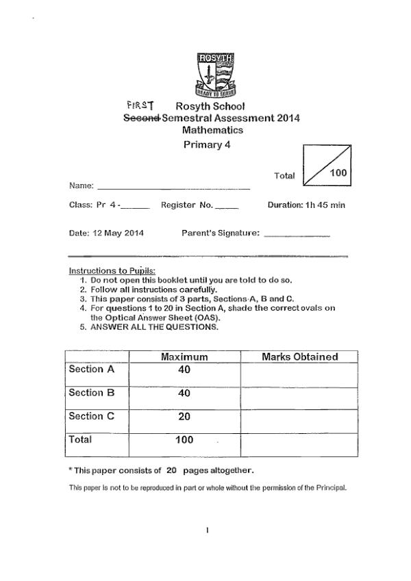 Rosyth P4 Math WA2 2014 exam paper PDF preview