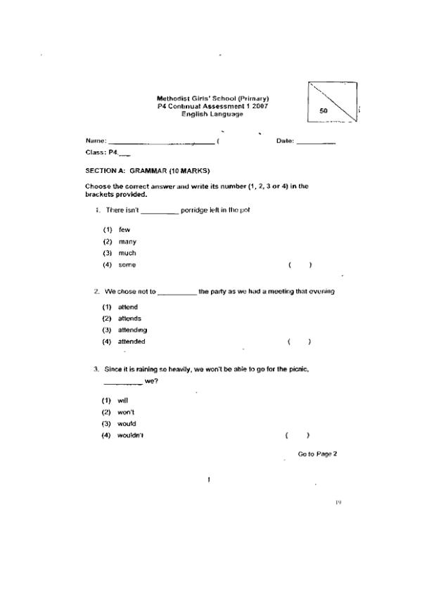 Methodist Girls P4 Eng WA1 2007 exam paper PDF preview