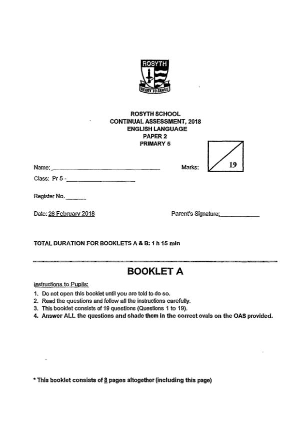 Rosyth P5 Eng WA1 2018 exam paper PDF first page preview