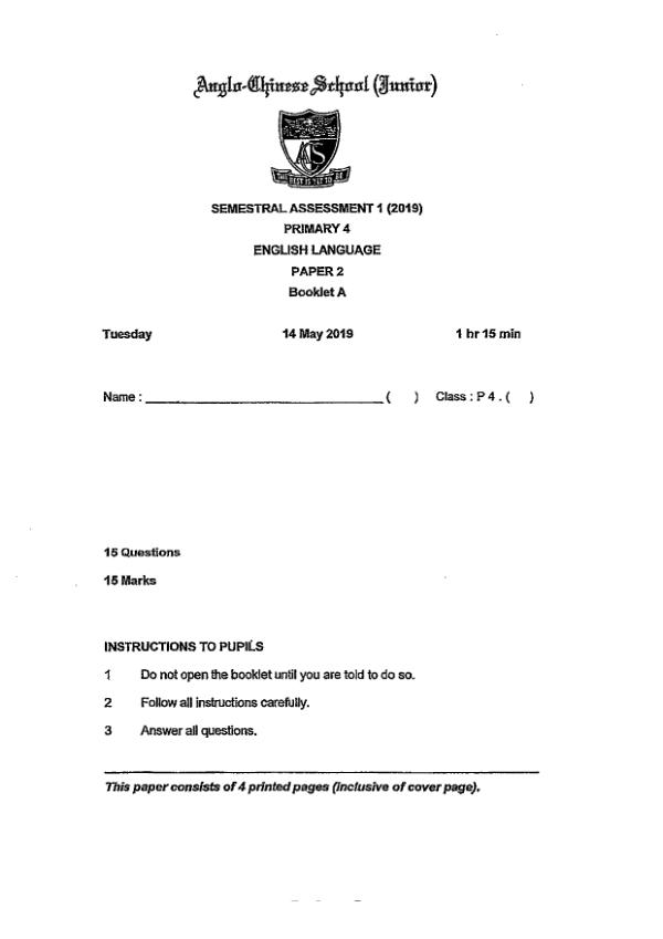 Anglo Chinese P4 Eng WA2 2019 exam paper PDF preview