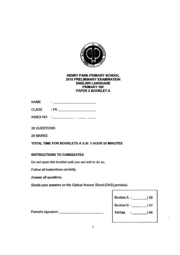 Henry Park P6 Eng SA2 2019 exam paper PDF first page preview