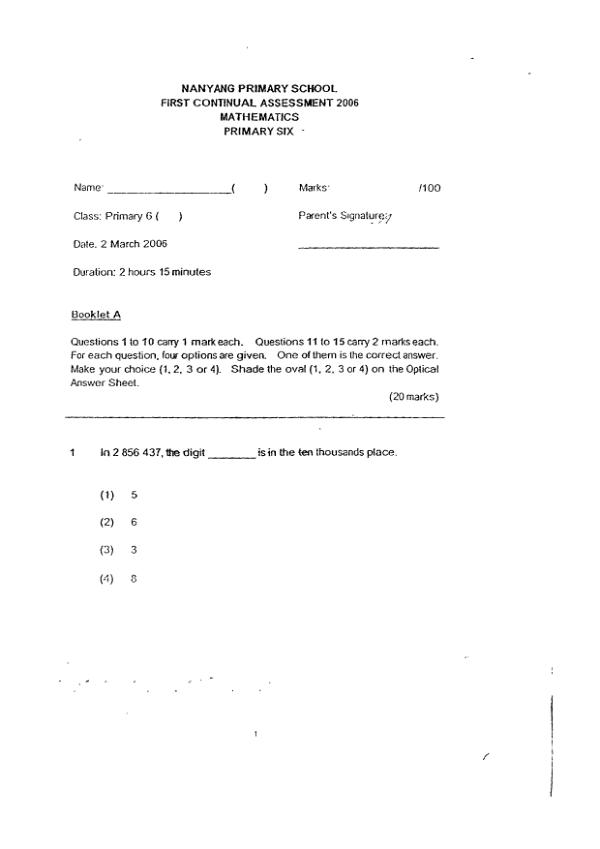 Nanyang P6 Math WA1 2006 exam paper PDF preview