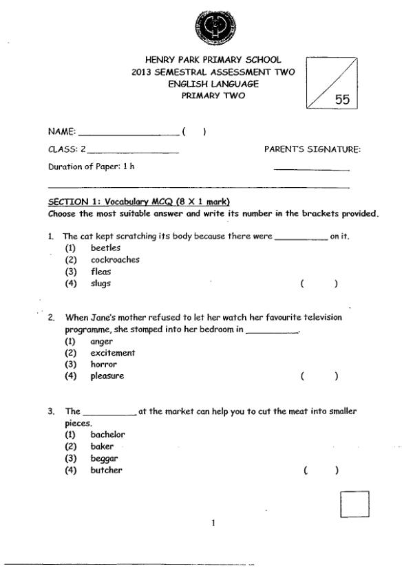 Henry Park P2 Eng SA2 2013 exam paper PDF first page preview