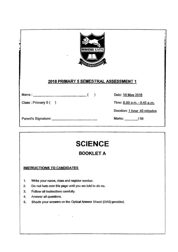 Tao Nan P5 Sci WA2 2018 exam paper PDF first page preview