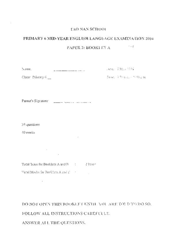 Tao Nan P6 Eng WA2 2004 exam paper PDF first page preview