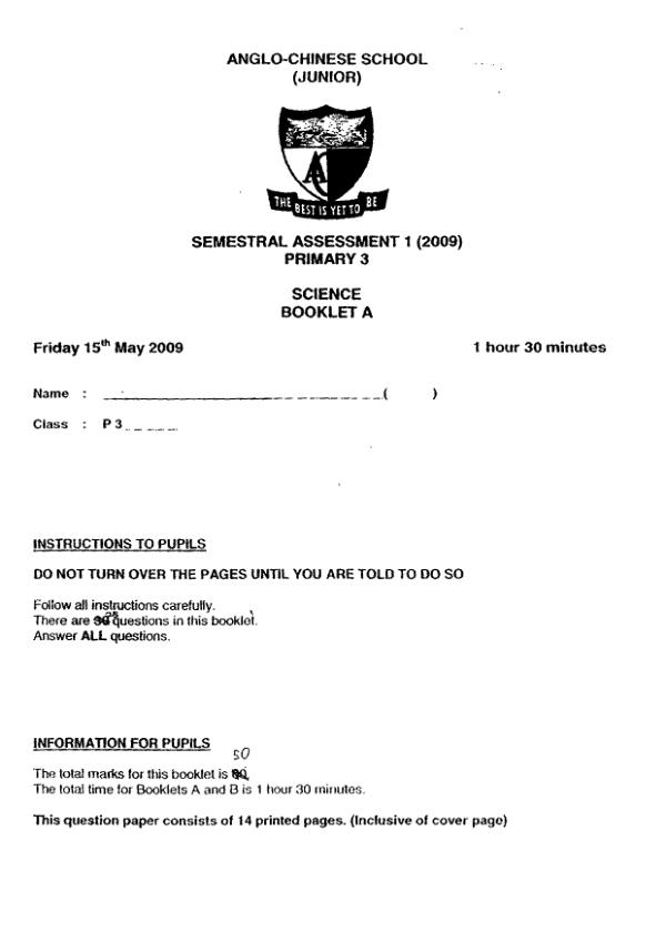 Anglo Chinese P3 Sci WA2 2009 exam paper PDF first page preview