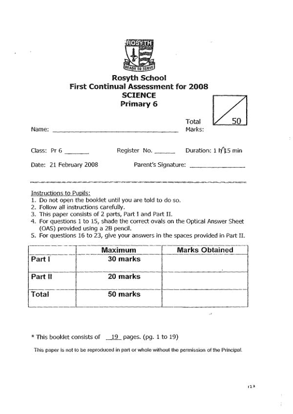 Rosyth P6 Sci WA1 2008 exam paper PDF preview