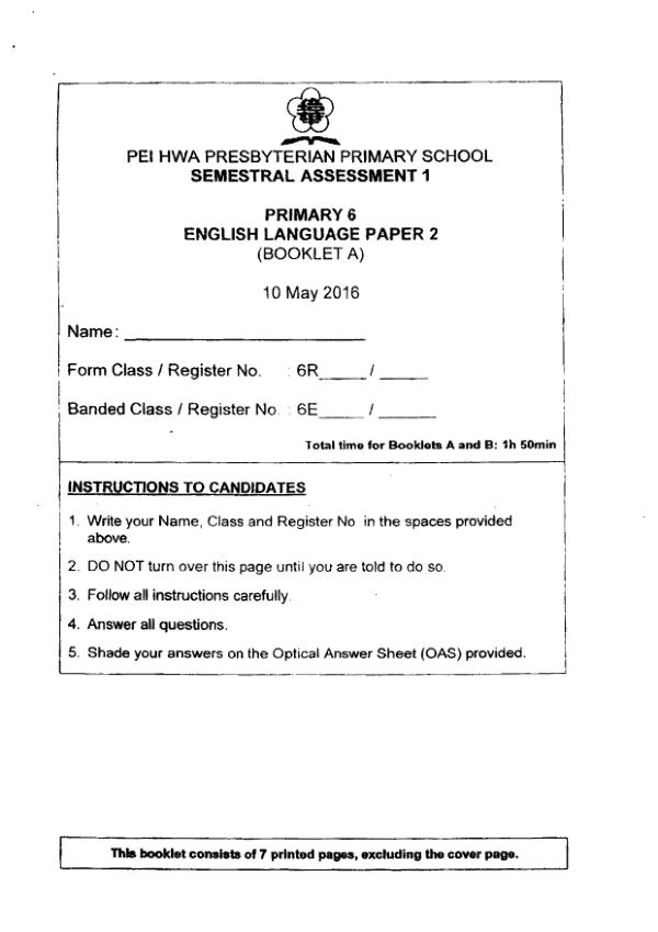 Pei Hwa P6 Eng WA2 2016 exam paper PDF first page preview