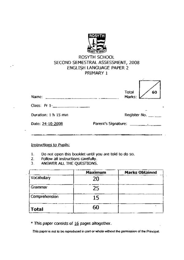 Rosyth P1 Eng SA2 2008 exam paper PDF first page preview