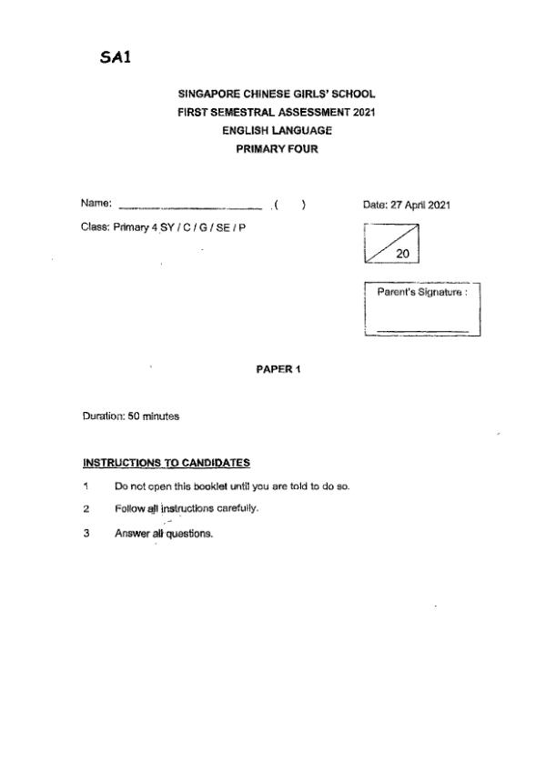 Singapore Chinese Girls P4 Eng WA2 2021 exam paper PDF first page preview