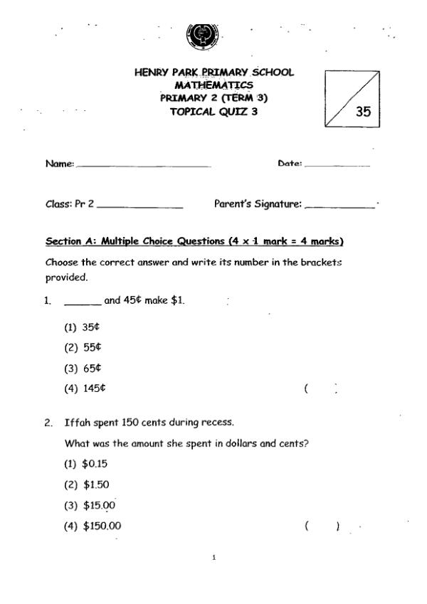 First page preview of P2 Math 2015 WA3 — Henry Park