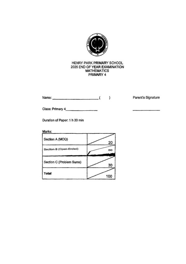 First page preview of P4 Math 2025 SA2 — Henry Park