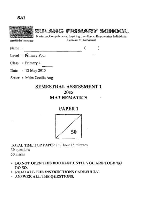 First page preview of P4 Math 2015 WA2 — Rulang