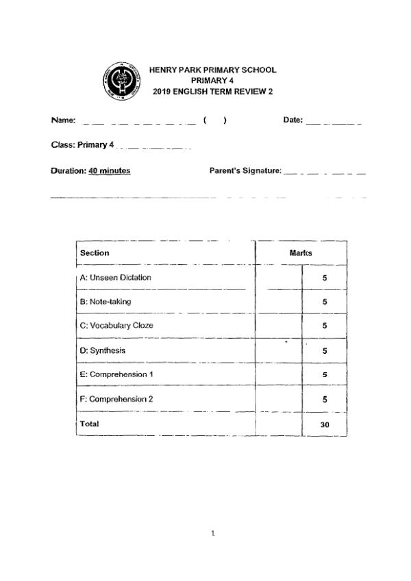 Henry Park P4 Eng WA3 2019 exam paper PDF first page preview
