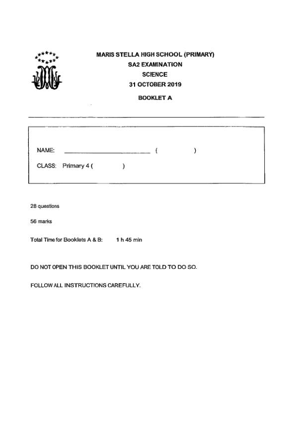 Maris Stella High P4 Sci SA2 2019 exam paper PDF first page preview