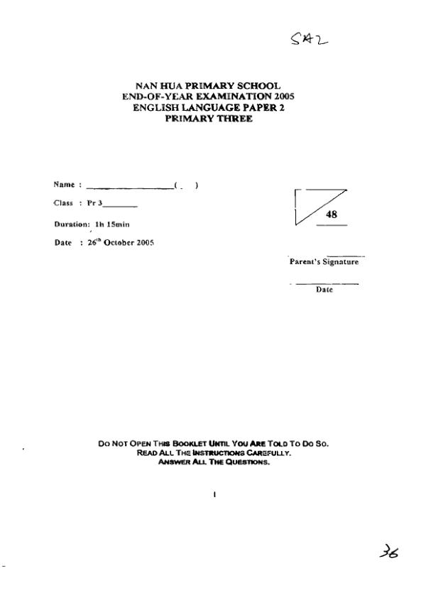Nan Hua P3 Eng WA3 2005 exam paper PDF preview