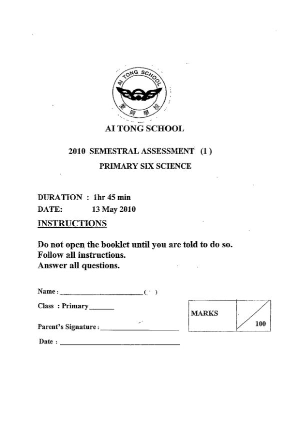 Ai Tong P6 Sci WA2 2010 exam paper PDF preview