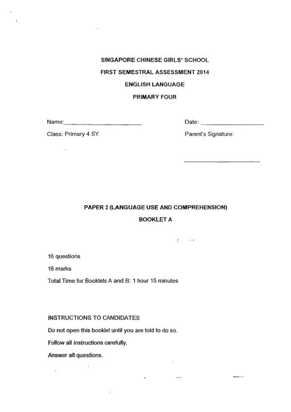 Singapore Chinese Girls P4 Eng WA2 2014 exam paper PDF first page preview