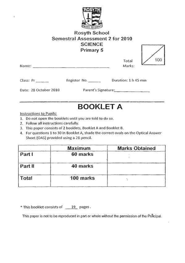 Rosyth P5 Sci SA2 2010 exam paper PDF first page preview