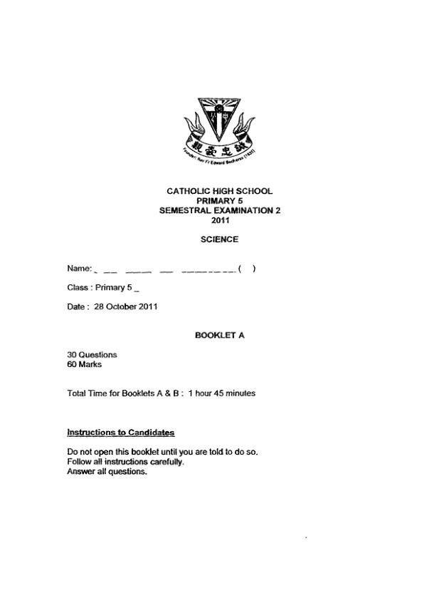 Catholic High P5 Sci SA2 2011 exam paper PDF preview