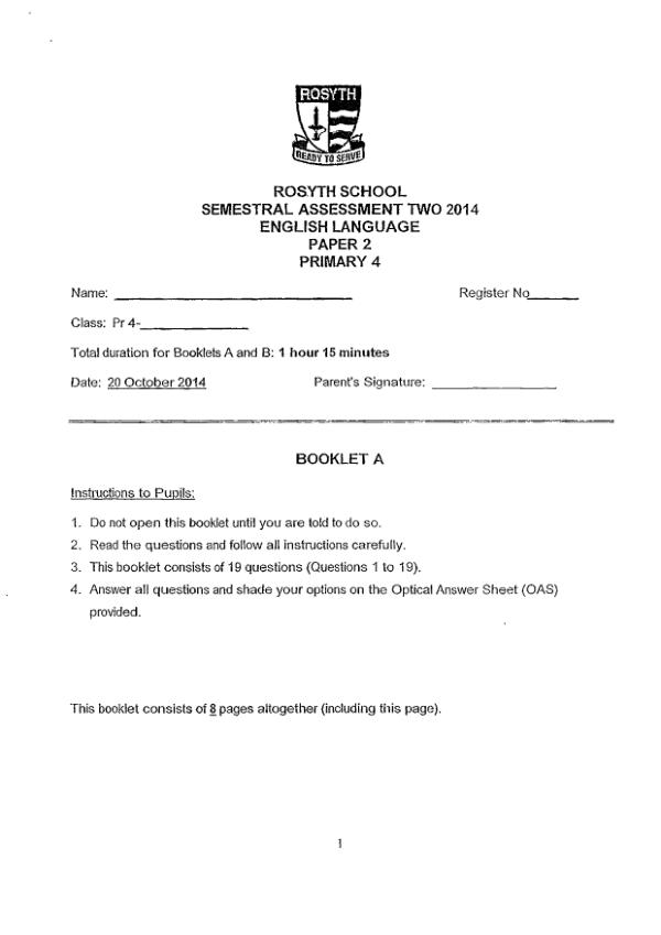 Rosyth P4 Eng SA2 2014 exam paper PDF preview