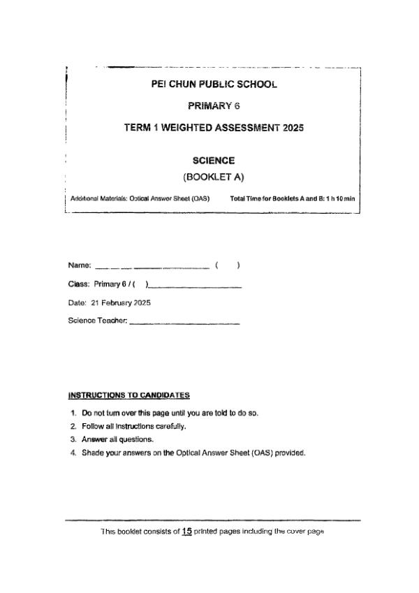 Pei Chun P6 Sci WA1 2025 exam paper PDF first page preview