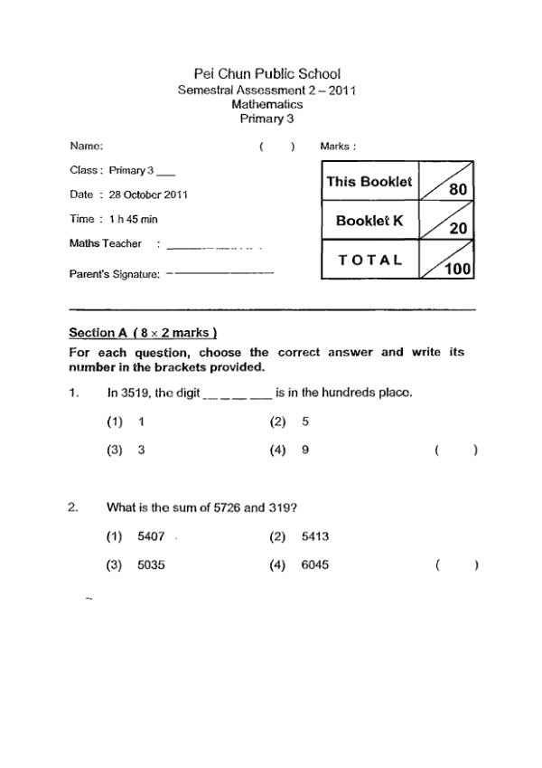 Pei Chun P3 Math SA2 2011 exam paper PDF preview