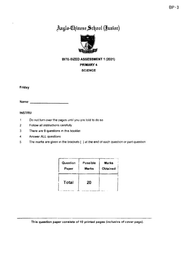 Anglo Chinese P4 Sci WA1 2021 exam paper PDF first page preview