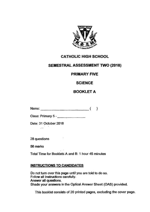 Catholic High P5 Sci SA2 2018 exam paper PDF preview