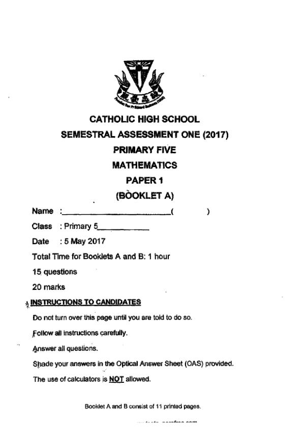 First page preview of P5 Math 2017 WA2 — Catholic High