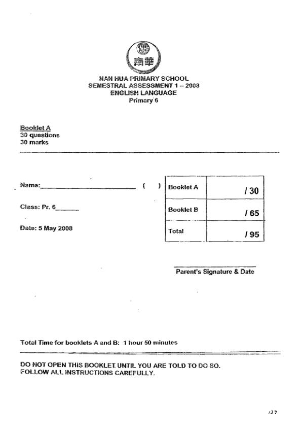 Nan Hua P6 Eng WA2 2008 exam paper PDF first page preview