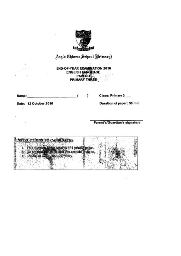 Anglo Chinese P3 Eng SA2 2016 exam paper PDF first page preview