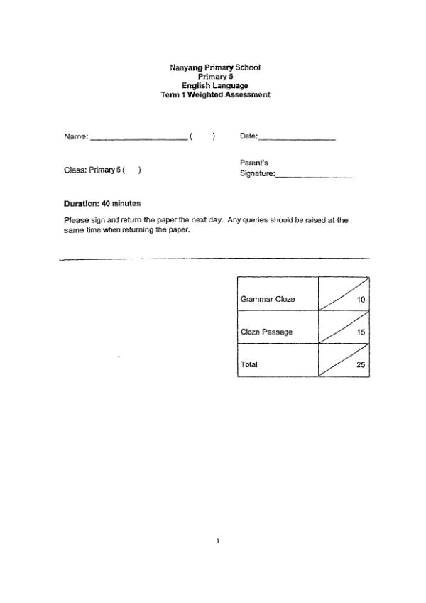 Nanyang P5 Eng WA1 2022 exam paper PDF first page preview