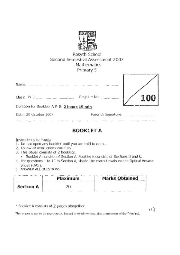 Rosyth P5 Math SA2 2007 exam paper PDF preview
