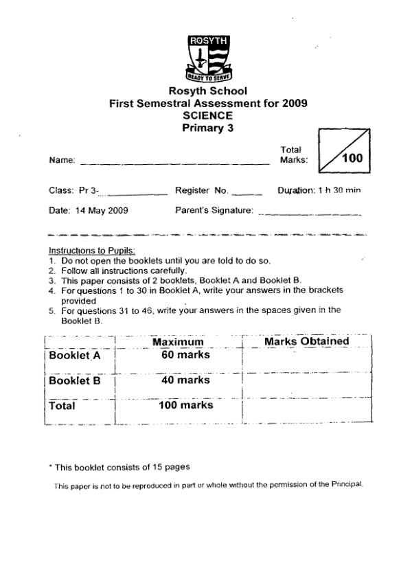 Rosyth P3 Sci WA2 2009 exam paper PDF first page preview
