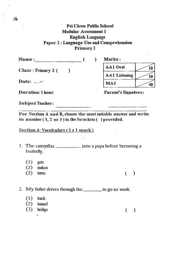 Pei Chun P2 Eng WA2 2016 exam paper PDF first page preview