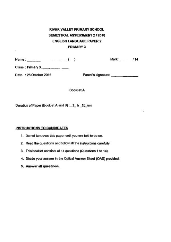 River Valley P3 Eng SA2 2016 exam paper PDF first page preview