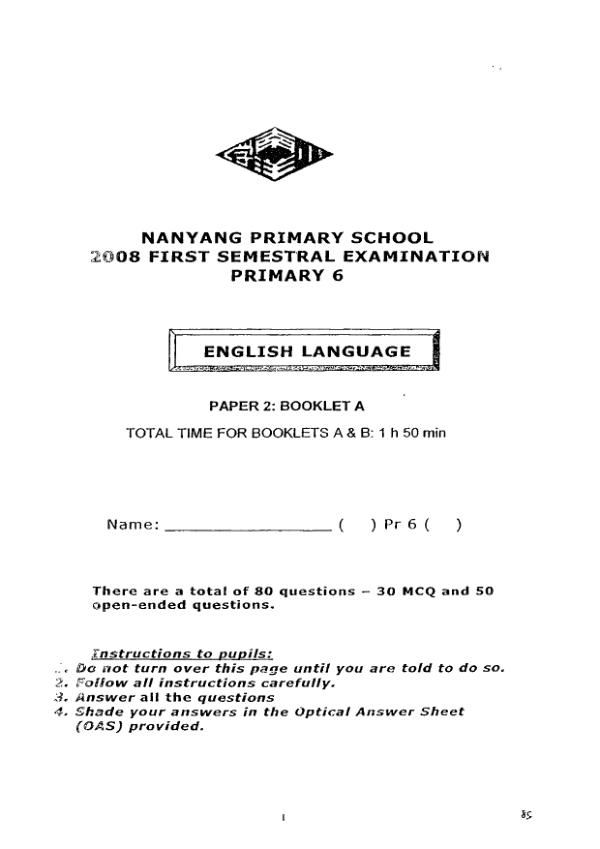 Nanyang P6 Eng WA2 2008 exam paper PDF first page preview