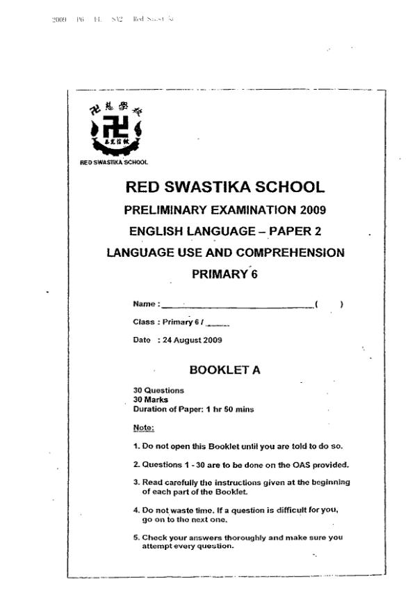 Red Swastika P6 Eng SA2 2009 exam paper PDF preview