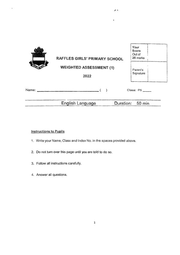 Raffles Girls P5 Eng WA1 2022 exam paper PDF first page preview