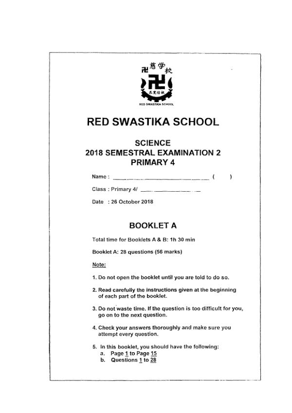 Red Swastika P4 Sci SA2 2018 exam paper PDF preview