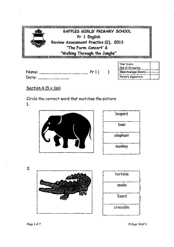 Raffles Girls P1 Eng WA1 2013 exam paper PDF first page preview