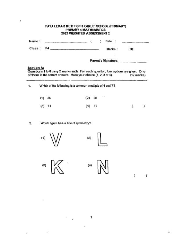 First page preview of P4 Math 2023 WA3 — Methodist Girls
