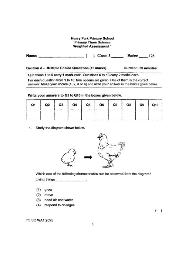 First page preview of P3 Sci 2025 WA1 — Henry Park