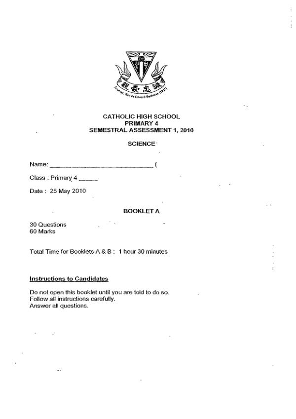 Catholic High P4 Sci WA2 2010 exam paper PDF preview
