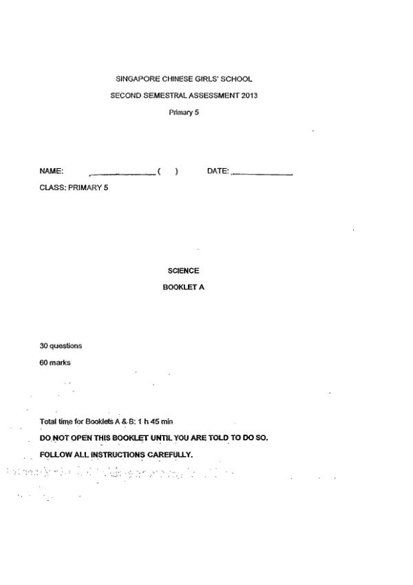 Singapore Chinese Girls P5 Sci SA2 2013 exam paper PDF first page preview