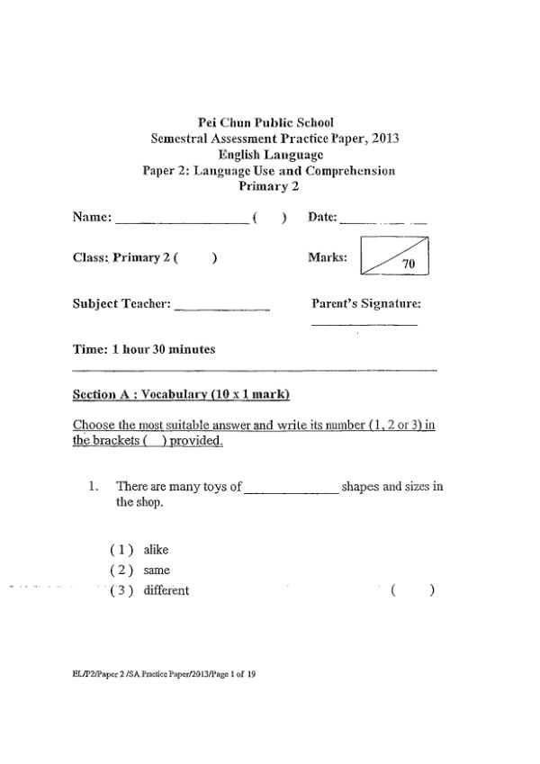 Pei Chun P2 Eng WA2 2013 exam paper PDF first page preview